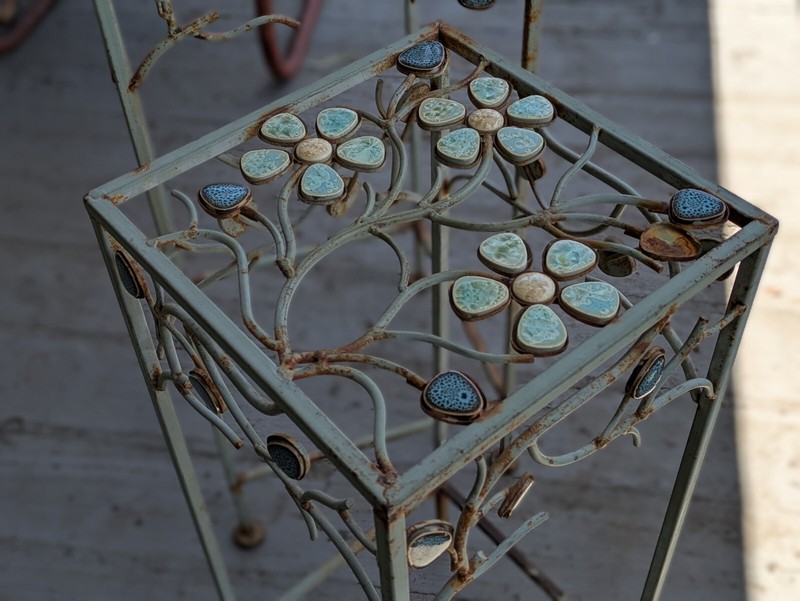 Vintage Distressed Metal End Side Tables two floral flower design teal plant sta gallery