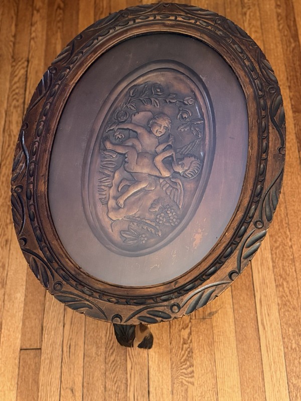 Antique Hand-Carved Oval Table Cherub Putti Relief Glass Top c.1900 Solid Wood gallery