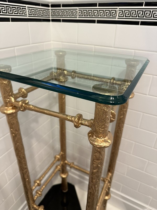 A Giacometti Style Gold Painted Cast Iron Pedestal Table gallery