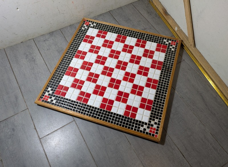 Vintage Ceramic Tile Mosaic Table Top Panel Wall Art Chess Geometric Wood Frame gallery