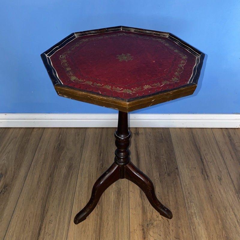 GOLD LEAF EMBOSSED OXBLOOD LOVELY LEATHER TRIPOD SIDE END LAMP WINE TABLES. 54cm gallery