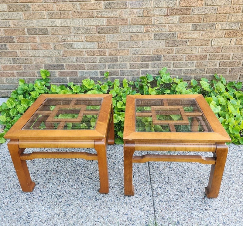 Asian Ming Chippendale-Style Set of End Tables Wood Fretwork and Beveled Glass