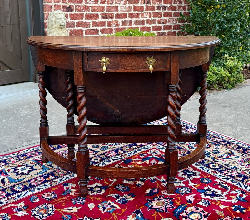 Antique English Demilune Table Drop Leaf Barley Twist w Drawer Oak ROUND 1920-30