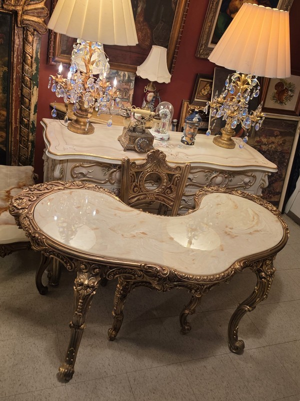 Vintage French Baroque-style kidney-shaped Vanity Desk and matching Chair.