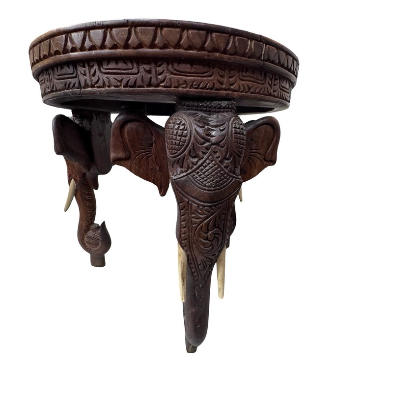 Vtg Anglo Raj Indian Hand Carved Rosewood Side Table w/ Elephant Head Trunk legs gallery