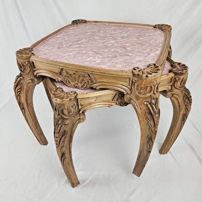 Vintage Italian Rococo End Table Pair Carved Wood French Faux Marble Baroque gallery