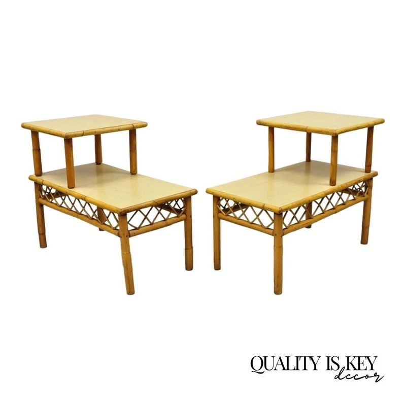 Vintage Mid Century Modern Tiki Room Rattan Bamboo Step Up End Tables – a Pair