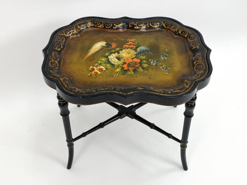 19th Century Hand Painted Tole Tray Top and Bamboo Base Coffee Table gallery