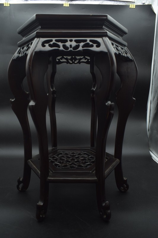 Japanese Wooden Plant Stand Carved Dark Wood Table Top 30cm Height 51cm Vintage gallery