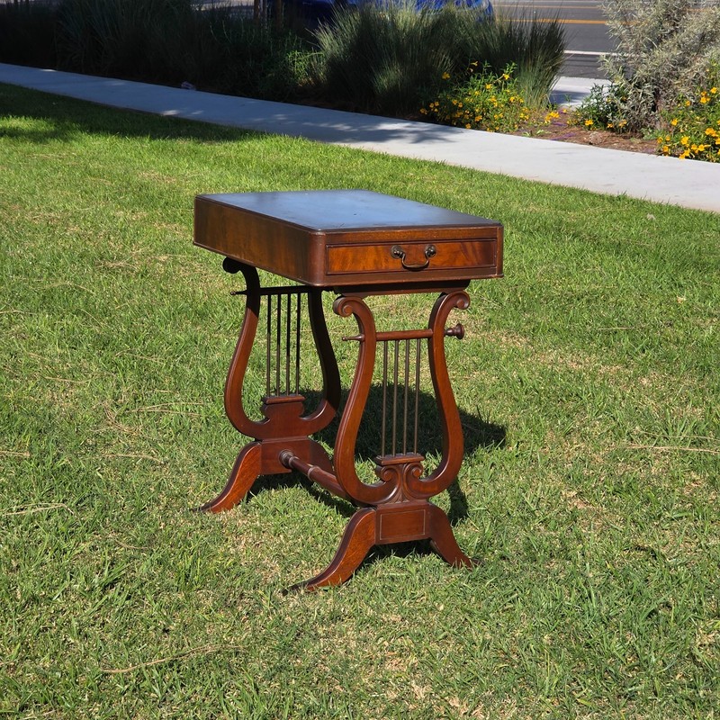 Vintage Fine Arts Furn Co. All-Wood Harp Table - Lyre Leg Side Table with Drawer