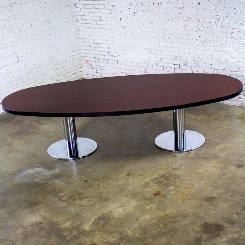 Modern Oval Dining or Conference Table Chrome Cylindrical Double Pedestal Base