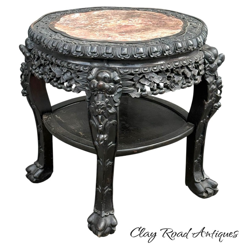 Antique Chinese rosewood & rose marble top plant stand table Victorian
