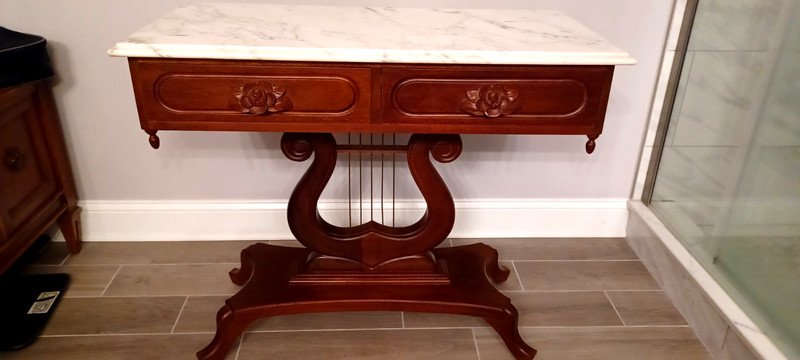 Victorian Italian marble top double drawer foyer/entryway lyre/harp table