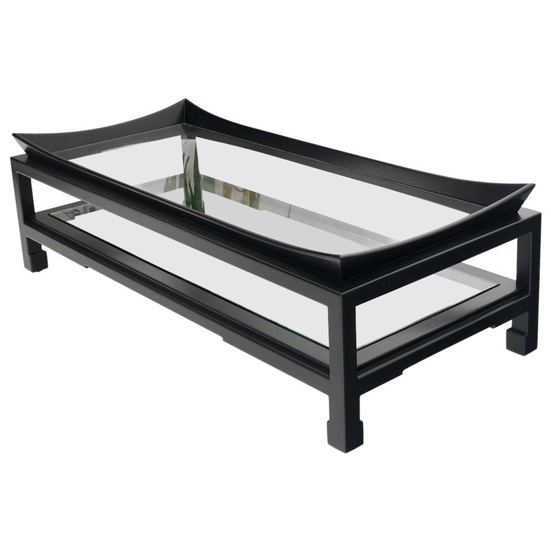 James Mont Rectangle Black Lacquer Glass Top Deco Mid Century Coffee Table