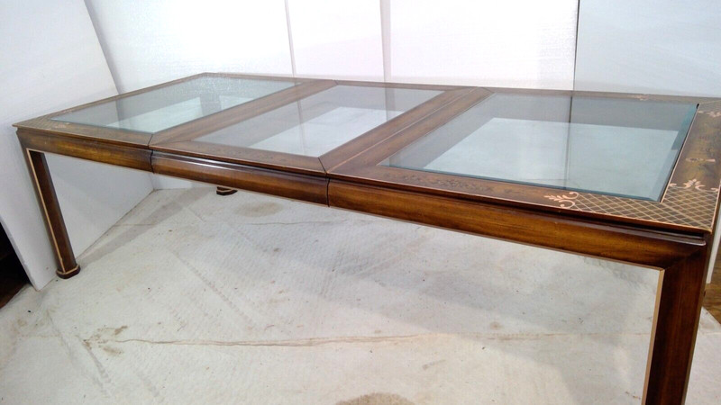 Mid Century Asian Dining Table 102" long Glass paneled top hand painted gallery