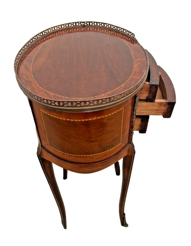 Oval accent Table Nightstand Three Drawers, Inlays, Brass Accents French style gallery