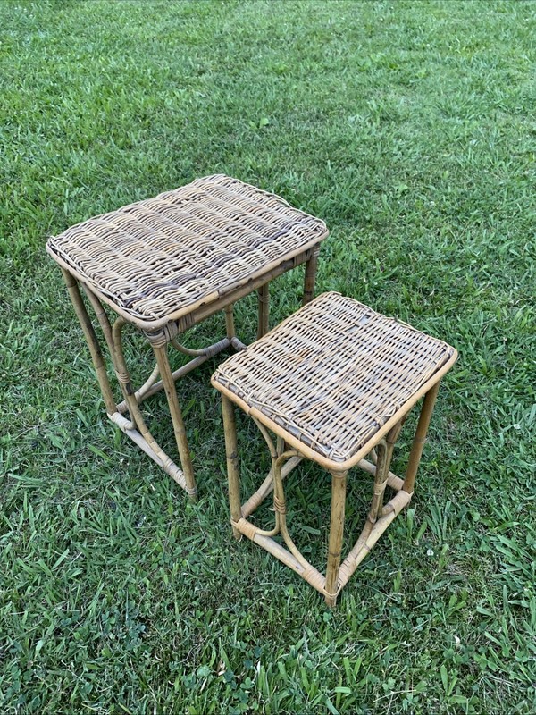 Very Bamboo Rattan Wicker Side NestingTable Rattan Stool Wicker Stand Lot 2