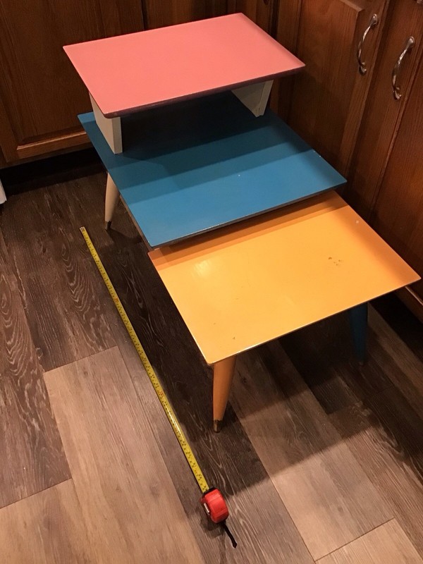 Mid Century Modern MCM End Table Step Table 3 Tier Oak Wood Tapered Legs PAINTED gallery