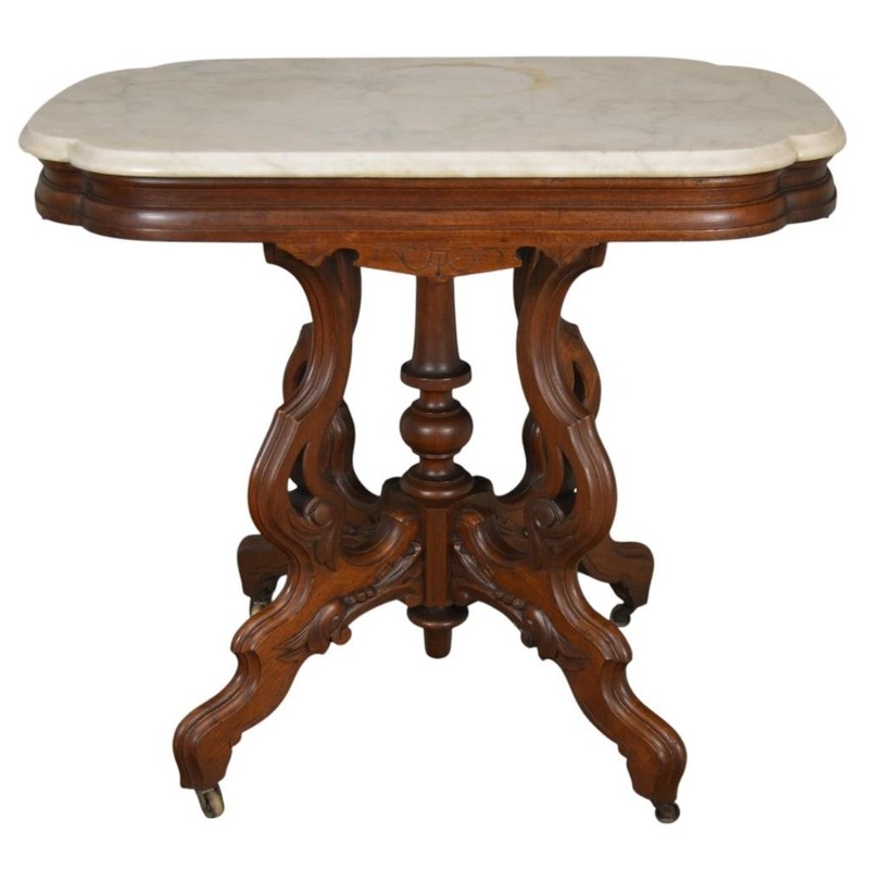 Antique Victorian Marble Top Carved Lamp Table – Walnut Base, 1880s #22593 gallery