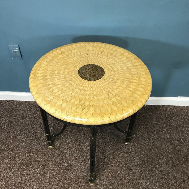 MAITLAND SMITH Wave Themed Faux Mosaic Round Metal Base Table w/ Brass Accents gallery