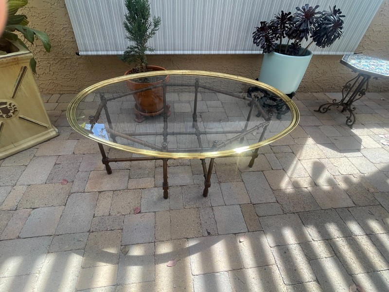 Mid Century Faux Brown Lacquer Bamboo Base Brass Tray Thick Glass Coffee Table gallery