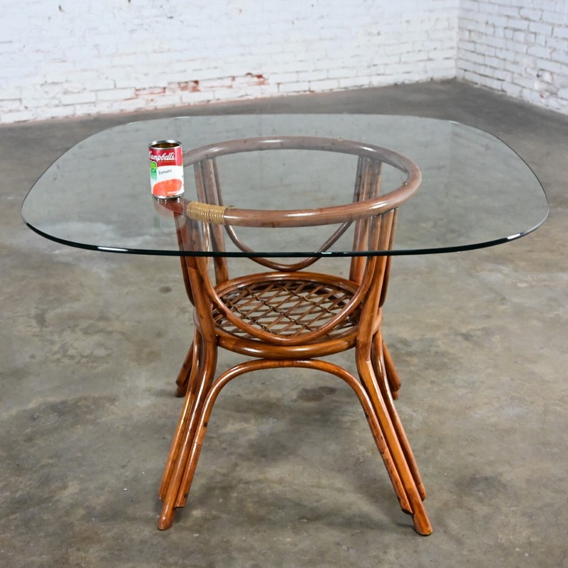 Coastal Island Style or Hollywood Regency Rattan Glass Top Dining or Game Table gallery