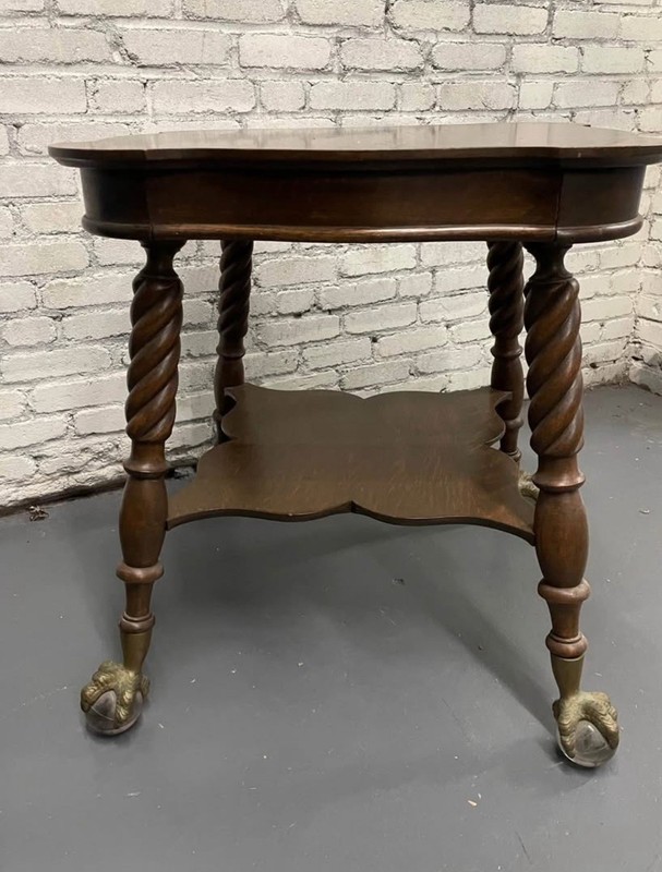 Antique Claw & Glass Ball Table – Tiger Oak, Barley Twist Legs (29.5”)