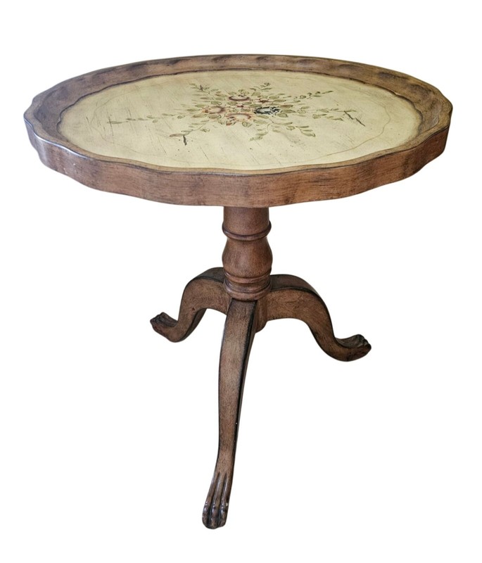 Vintage Hand-Painted Floral Pedestal Side Table With Claw Feet And Scalloped Edg gallery