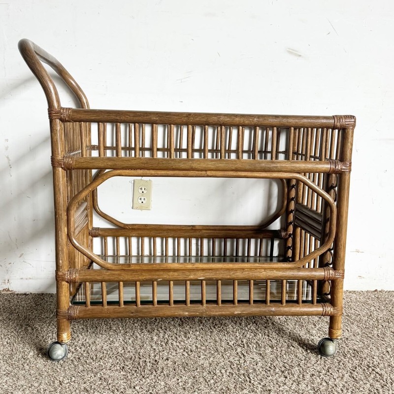 Boho Chic Bamboo Rattan and Glass Two-Tier Bar Cart gallery