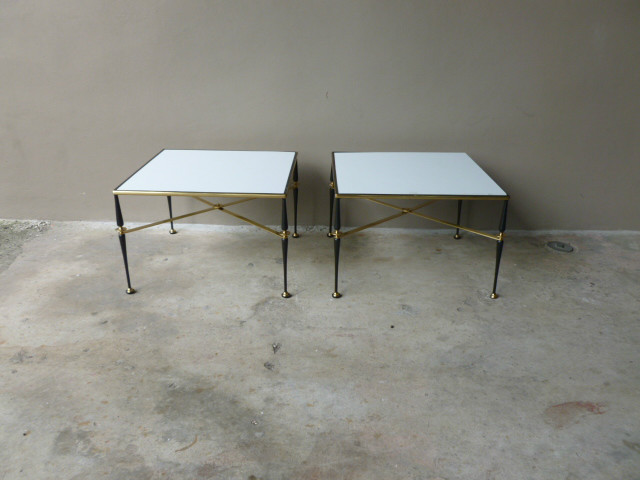 PAIR MID CENTURY FRENCH IRON & BRASS END TABLES W MILK GLASS TOPS MAISON JANSEN
