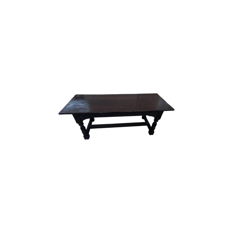 19th Century English Oak Refectory Dining Table with Carved Apron / Turned legs gallery