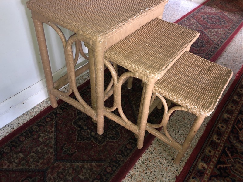Vintage Coastal Woven Rattan Nesting Stacking Tables Boho Wicker Chic 3 Piece gallery