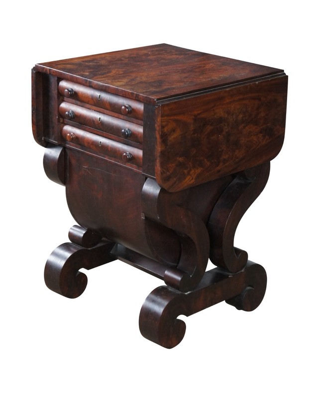 Antique American Empire Crotch Mahogany Drop Leaf Sewing Work Side Table Cabinet gallery