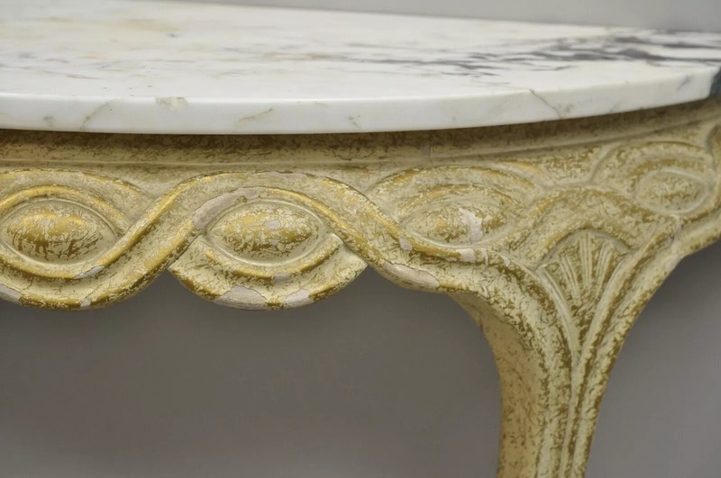 Italian Neoclassical Half Round Demilune Marble Top Ribbon Carved Console Table gallery