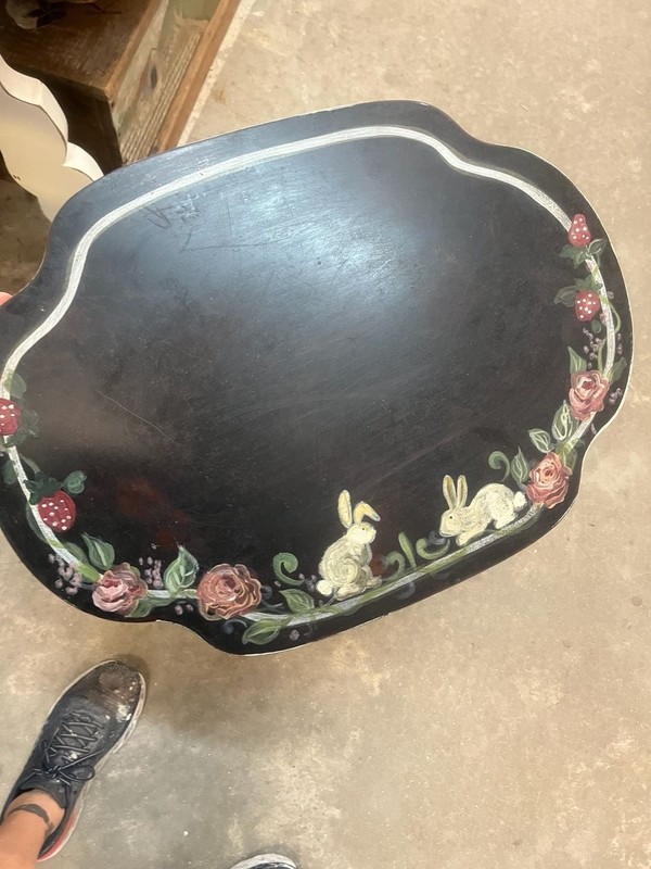 Cottage core Vintage Hand-Painted Black Toleware Pedestal Table with Bunny and F