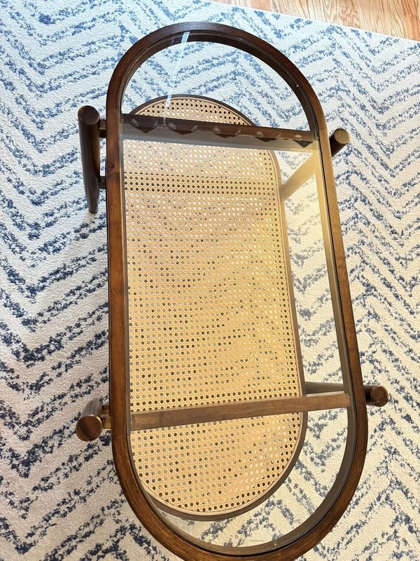 Mid-Century Modern Rattan Glass Coffee Table Oval Two-Tier Solid Wood Frame gallery