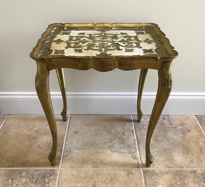 Vintage Italian Florentine Accent Table Gold Gilt Tones & Off White, Ornate gallery