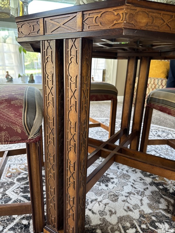 DREXEL HERITAGE CHINESE CHIPPENDALE GLASS OCTAGON DINING TABLE W/ORIGINAL CHAIRS