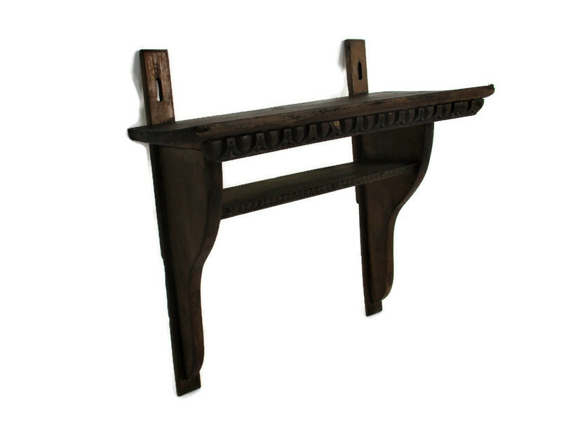 Hand Carved Wooden Wall Hall Console table Ornate Small two shelves Antique Barn