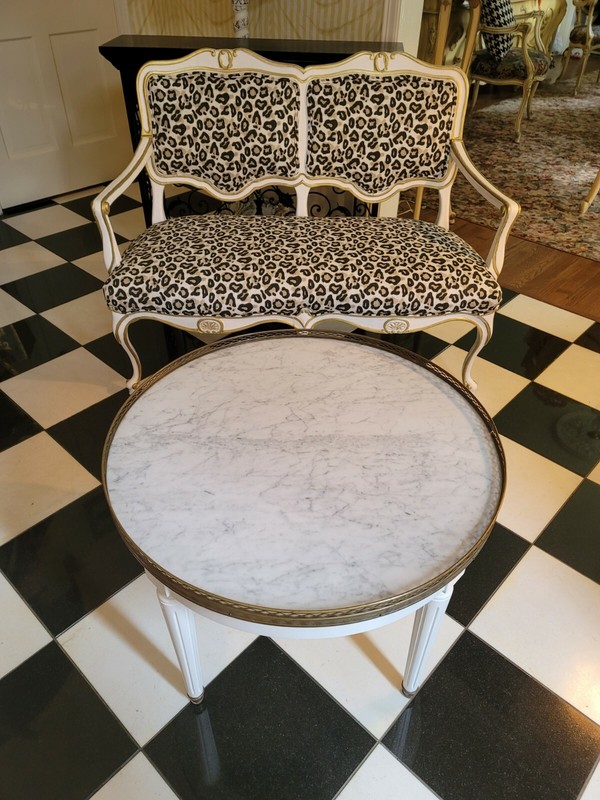 VTG Painted Danby MARBLE TOP Accent Table French LOUIS XVl Style w/Brass Gallery gallery