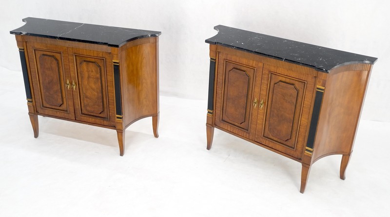 Pair Regency Style Burl Walnut Scallop Banding Black Marble Top Cabinet Credenza gallery
