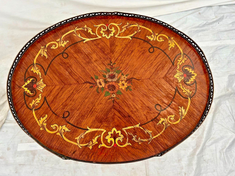 French Oval Table Entry Stand Shelf Drawer Geometric Inlays Hand painted Floral gallery