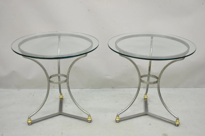 Italian Neoclassical Maison Jansen Style Steel & Brass Round End Tables - a Pair gallery