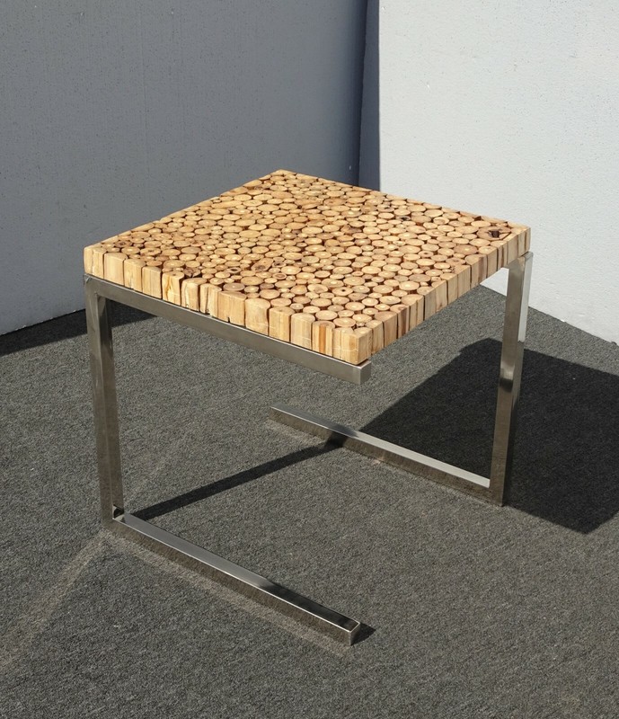Vintage Contemporary Modern Wood Slice Side End Table w Chrome Base gallery