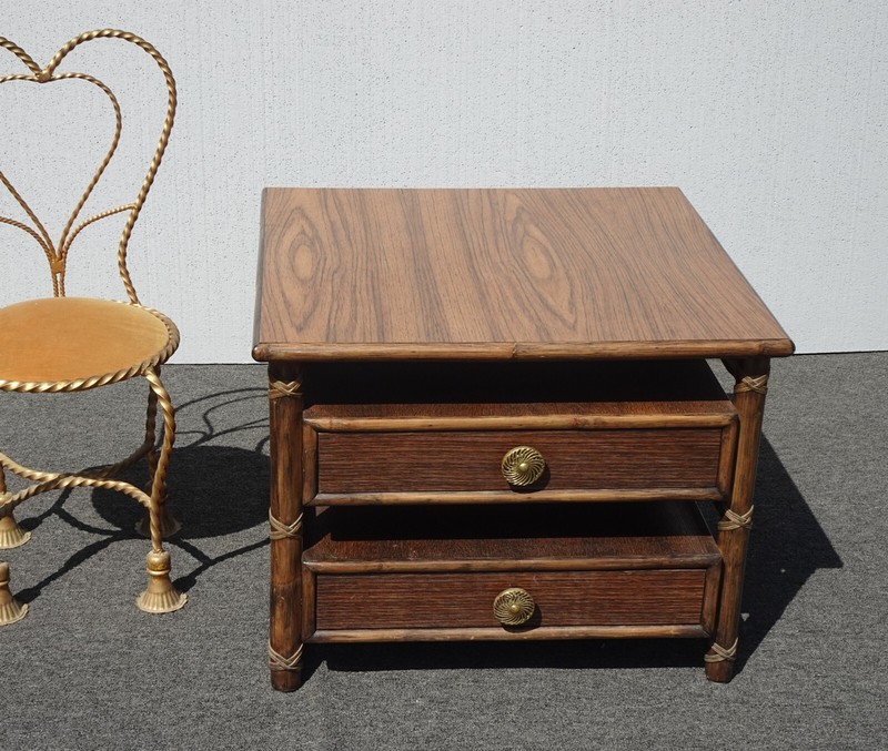 1980s McGuire Two Tier Side Table with Leather and Brass Hardware French Country gallery