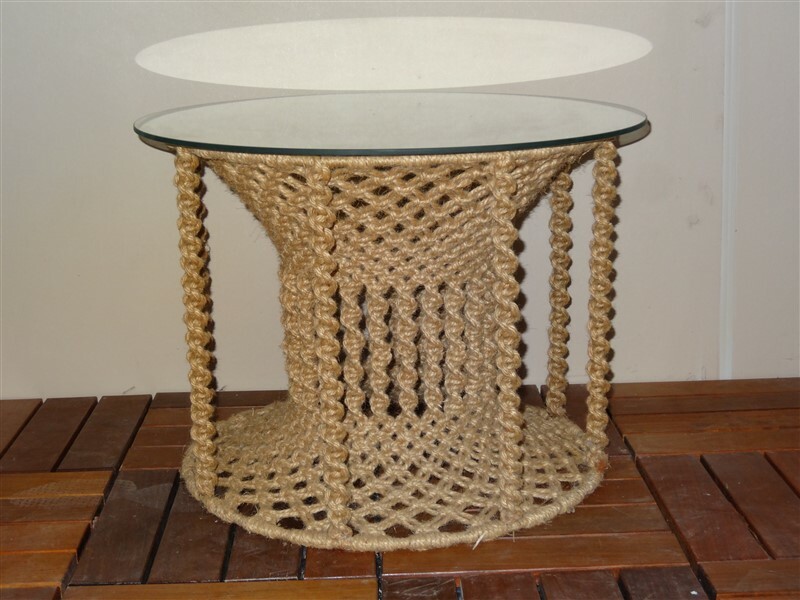 Super Vintage Macrame Mid Century Hippie Table With Glass Top