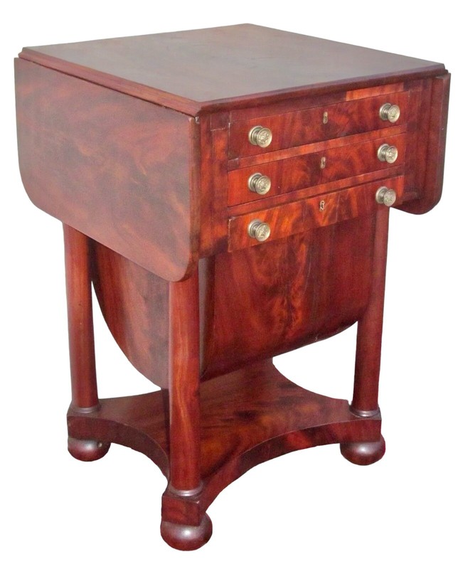 Antique Mahogany 3 Drawer Worktable / Sewing Stand | Attributed to Issac Vose