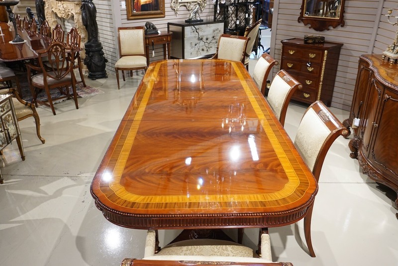 Beautiful 10' Heavy traditional flamed mahogany 2 pedestal formal dining table gallery