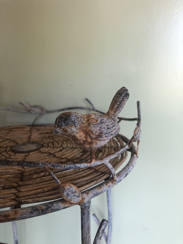 Vintage Iron 2 Tier Rattan Plant Stand 29” Tall, Rustic Birds, Shabby Chic gallery