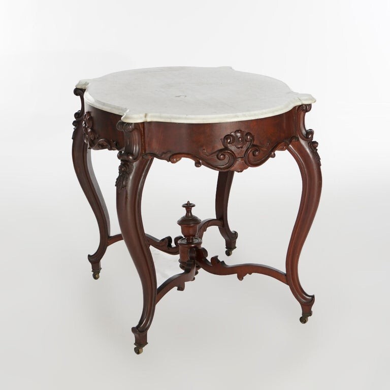 Antique Rococo Flame Mahogany & Marble Turtle Top Parlor Table Circa 1880 gallery